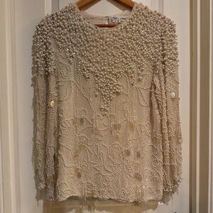 Vintage Oleg Cassini Cream Beaded Formal Blouse